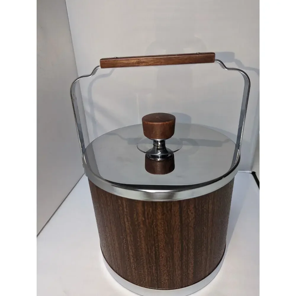 MCM ice bucket Made‎ In USA Chrome and Wood Look.
